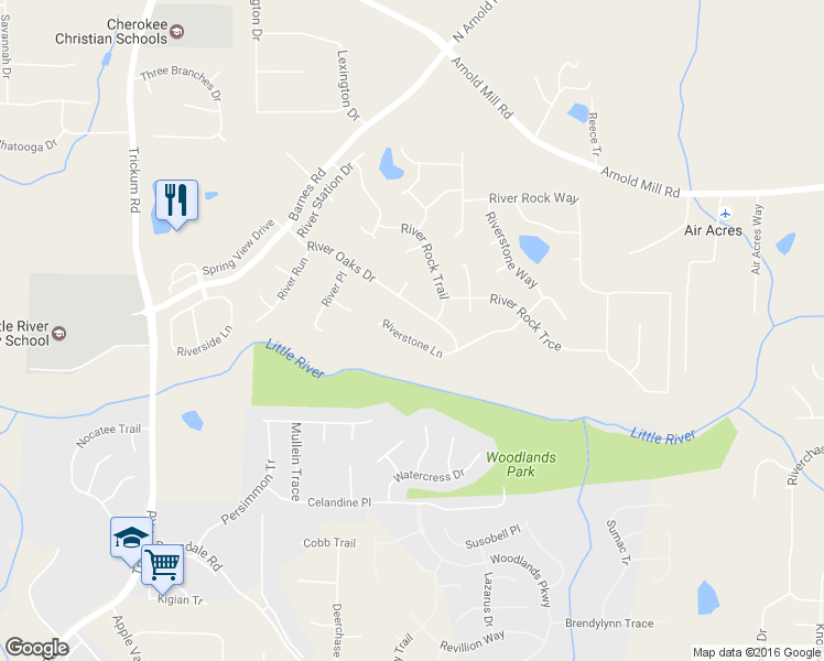 map of restaurants, bars, coffee shops, grocery stores, and more near 811 Riverstone Lane in Woodstock