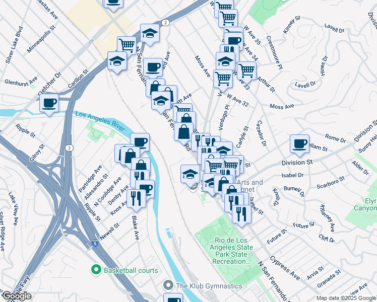 map of restaurants, bars, coffee shops, grocery stores, and more near 2347 N San Fernando Rd in Los Angeles