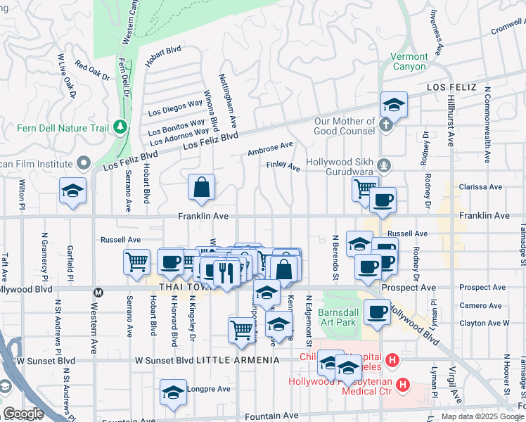 map of restaurants, bars, coffee shops, grocery stores, and more near 5015 Franklin Avenue in Los Angeles