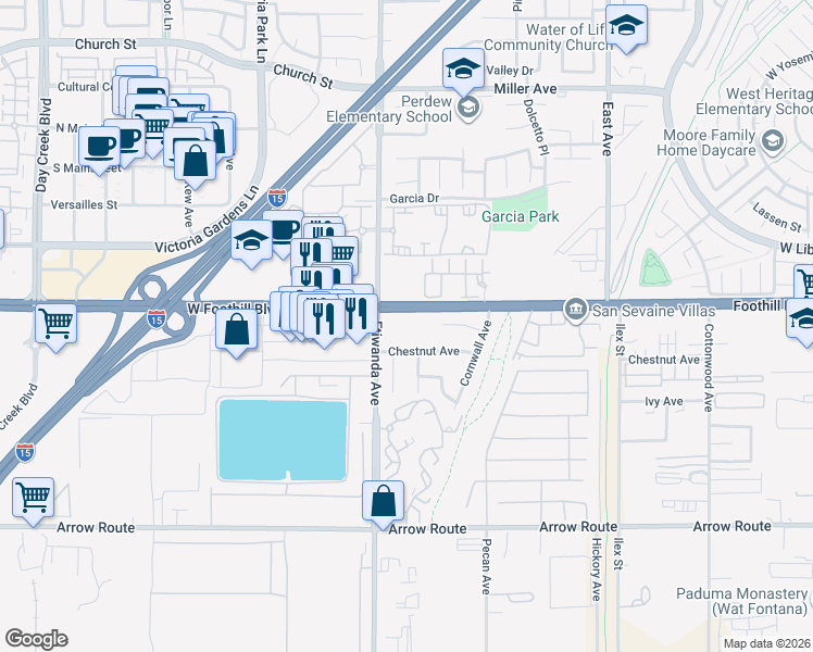map of restaurants, bars, coffee shops, grocery stores, and more near 12939 Historic Route 66 in Rancho Cucamonga