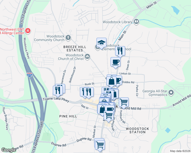 map of restaurants, bars, coffee shops, grocery stores, and more near 100 Clay Street in Woodstock