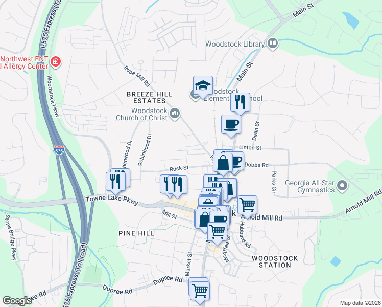 map of restaurants, bars, coffee shops, grocery stores, and more near 100 Clay Street in Woodstock