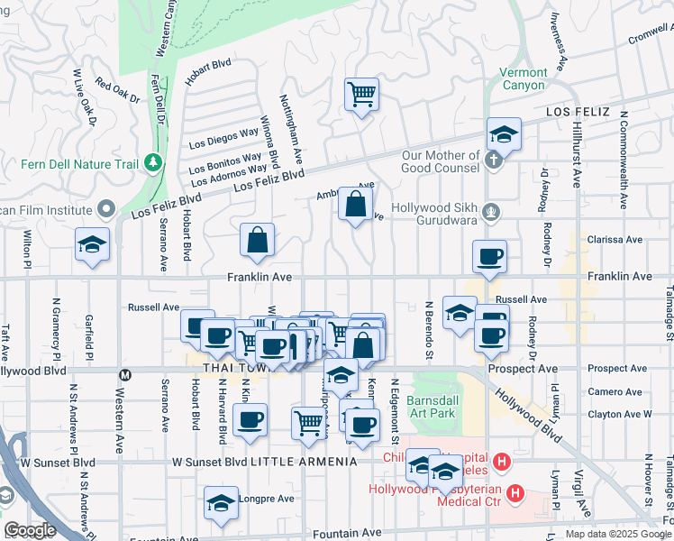 map of restaurants, bars, coffee shops, grocery stores, and more near 5015 Franklin Avenue in Los Angeles