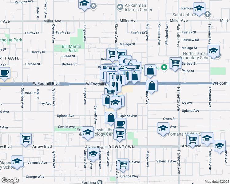 map of restaurants, bars, coffee shops, grocery stores, and more near 8172 Sierra Avenue in Fontana