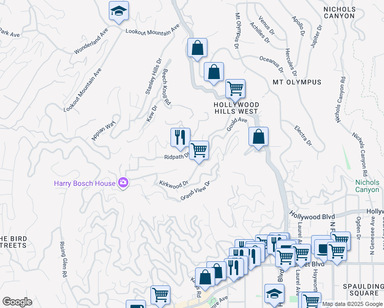 map of restaurants, bars, coffee shops, grocery stores, and more near 8326 Ridpath Drive in Los Angeles