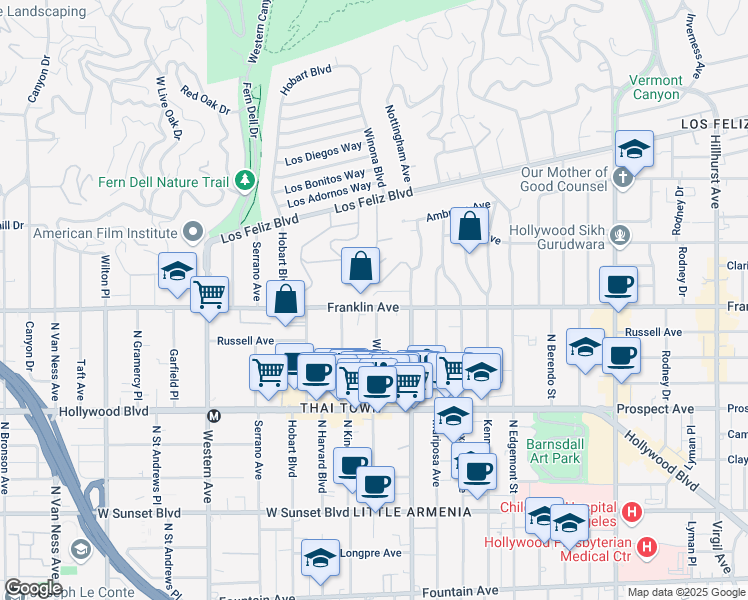 map of restaurants, bars, coffee shops, grocery stores, and more near 5151 Franklin Avenue in Los Angeles