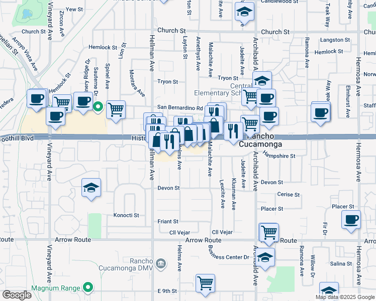 map of restaurants, bars, coffee shops, grocery stores, and more near 9445 Foothill Boulevard in Rancho Cucamonga