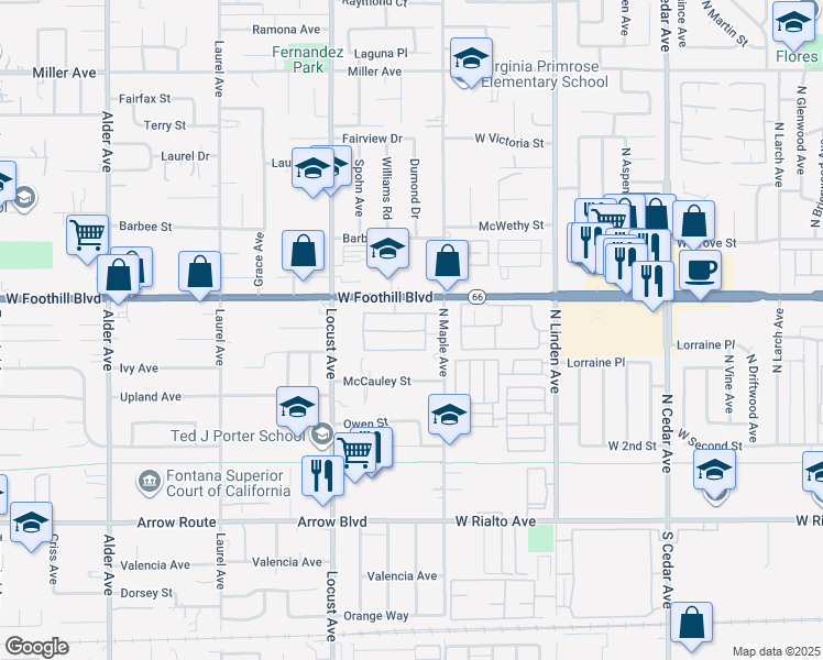 map of restaurants, bars, coffee shops, grocery stores, and more near 18215 Foothill Boulevard in Fontana