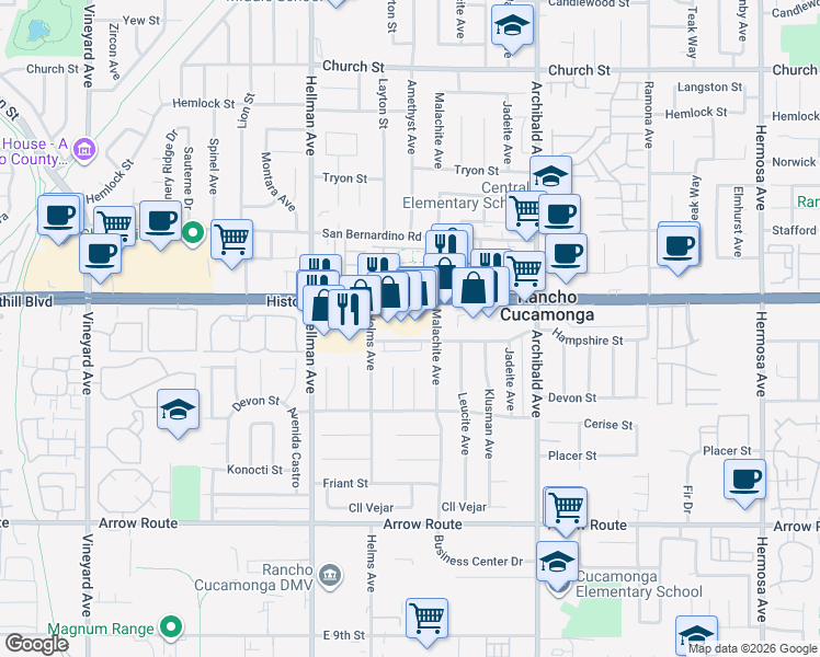 map of restaurants, bars, coffee shops, grocery stores, and more near 9457 Foothill Boulevard in Rancho Cucamonga