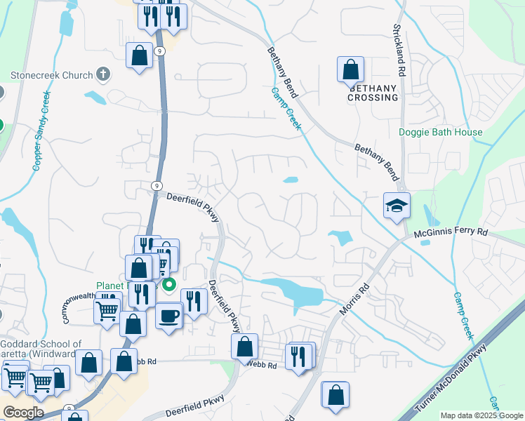 map of restaurants, bars, coffee shops, grocery stores, and more near 3251 Avensong Village Circle in Alpharetta