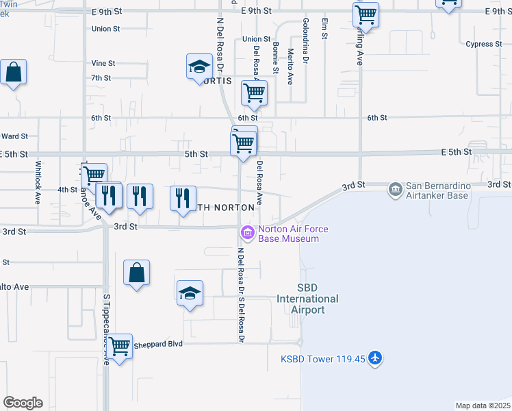 map of restaurants, bars, coffee shops, grocery stores, and more near 8132 Del Rosa Avenue in San Bernardino