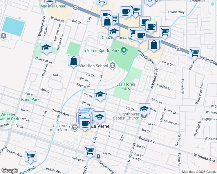 map of restaurants, bars, coffee shops, grocery stores, and more near 2914 Peyton Road in La Verne