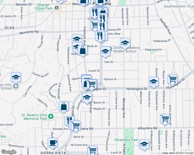 map of restaurants, bars, coffee shops, grocery stores, and more near in South Pasadena