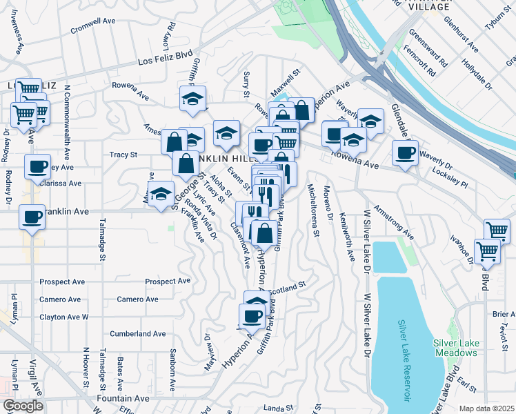 map of restaurants, bars, coffee shops, grocery stores, and more near 2624 Claremont Avenue in Los Angeles