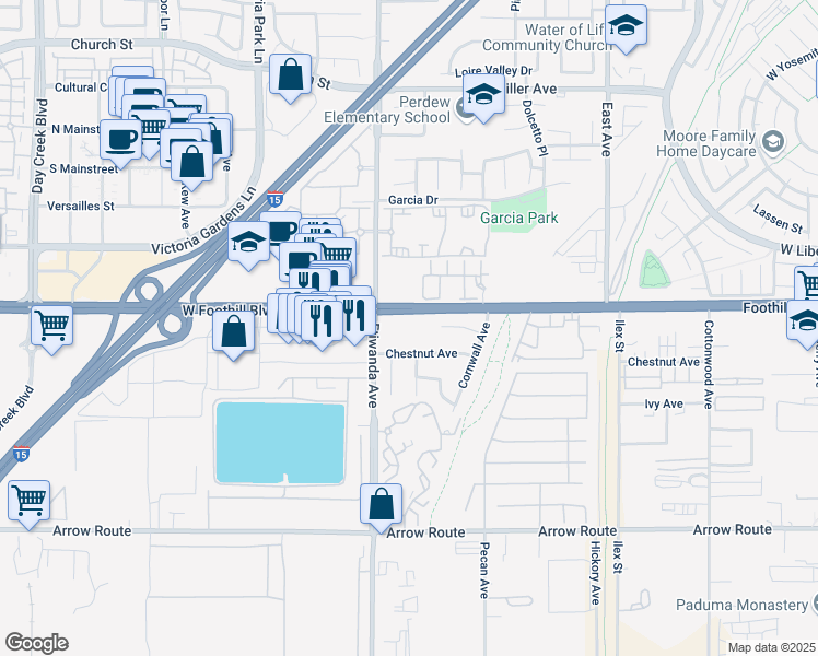 map of restaurants, bars, coffee shops, grocery stores, and more near 12915 Foothill Boulevard in Upland