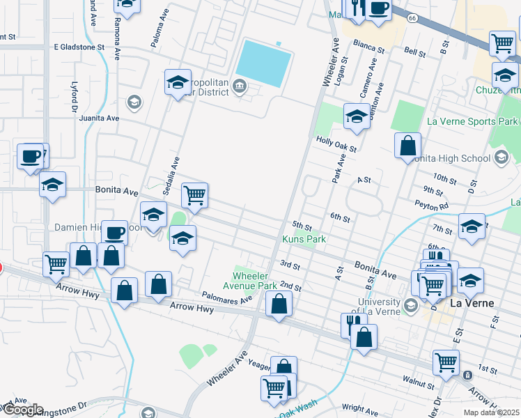 map of restaurants, bars, coffee shops, grocery stores, and more near 1425 5th Street in La Verne