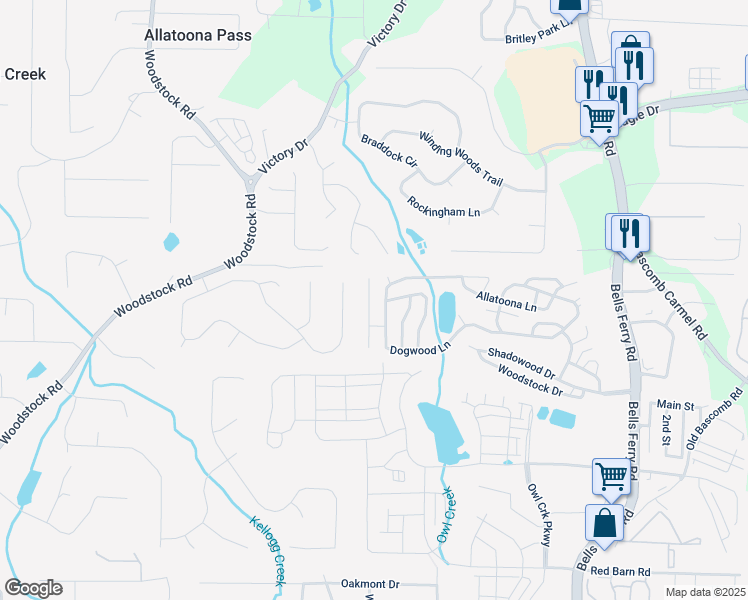 map of restaurants, bars, coffee shops, grocery stores, and more near 647 Magnolia Lane in Acworth