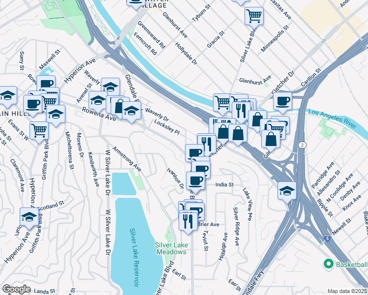 map of restaurants, bars, coffee shops, grocery stores, and more near 2600 Glendale Boulevard in Los Angeles