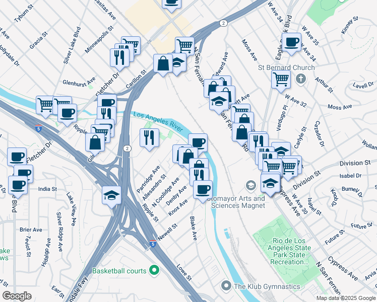 map of restaurants, bars, coffee shops, grocery stores, and more near 2980 Allesandro Street in Los Angeles