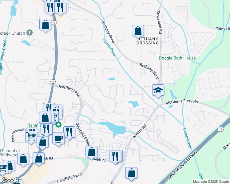 map of restaurants, bars, coffee shops, grocery stores, and more near 13372 Harpley Court in Alpharetta