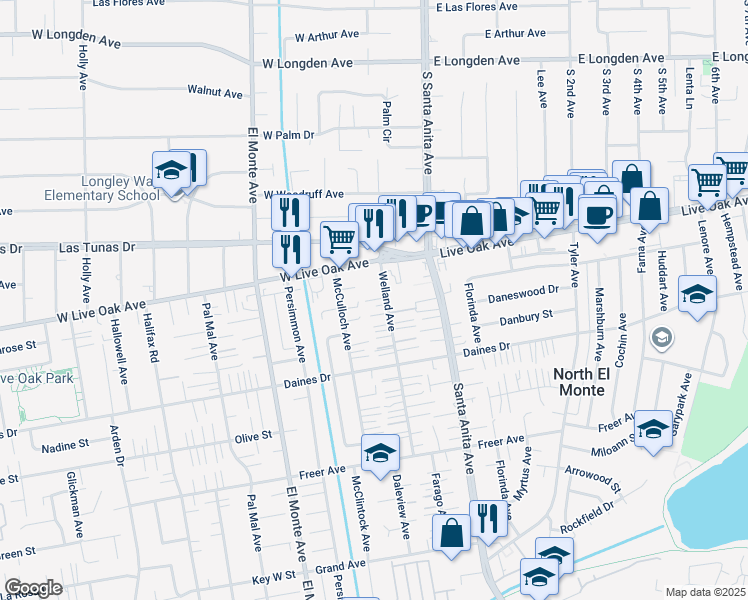map of restaurants, bars, coffee shops, grocery stores, and more near 5615 Welland Avenue in Temple City