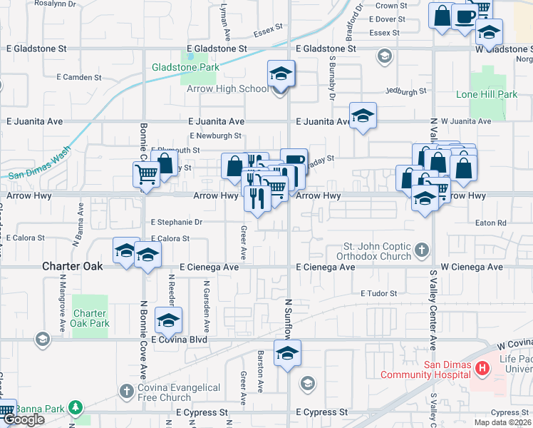map of restaurants, bars, coffee shops, grocery stores, and more near 20808 East Arrow Highway in Covina