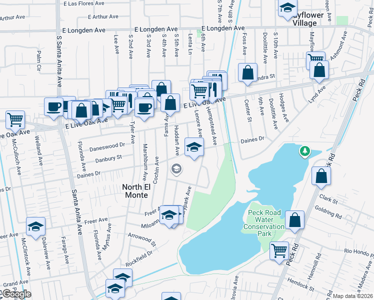 map of restaurants, bars, coffee shops, grocery stores, and more near 5601 Garypark Avenue in Arcadia