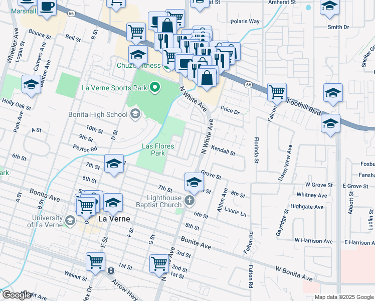 map of restaurants, bars, coffee shops, grocery stores, and more near 3015 Knollwood Avenue in La Verne