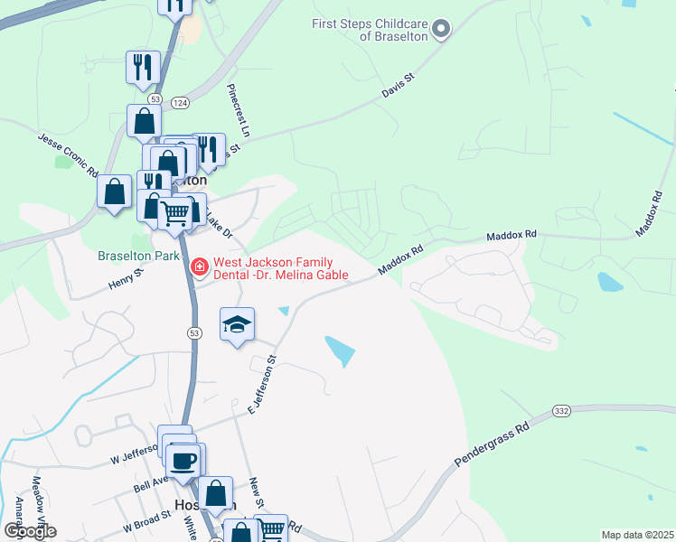 map of restaurants, bars, coffee shops, grocery stores, and more near 415 West Jackson Road in Hoschton