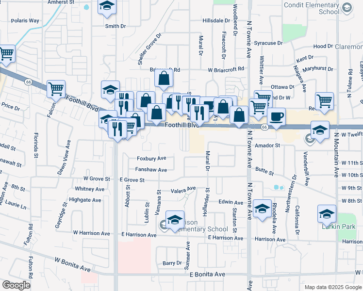 map of restaurants, bars, coffee shops, grocery stores, and more near 402 East Foothill Boulevard in Pomona