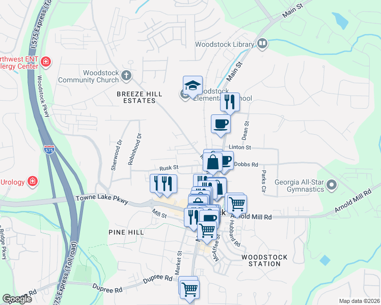 map of restaurants, bars, coffee shops, grocery stores, and more near 205A Rope Mill Road in Woodstock
