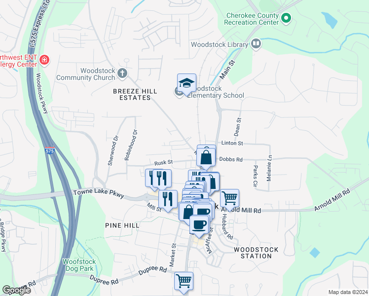 map of restaurants, bars, coffee shops, grocery stores, and more near 111 Pearl Street in Woodstock