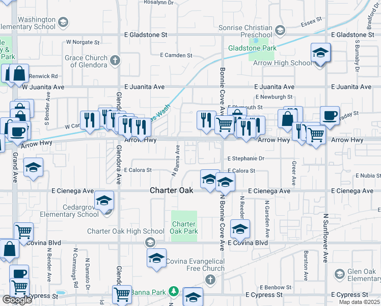 map of restaurants, bars, coffee shops, grocery stores, and more near 20254 East Arrow Highway in Covina