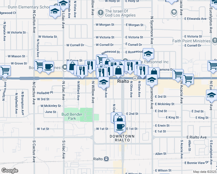 map of restaurants, bars, coffee shops, grocery stores, and more near 334 North Orange Avenue in Rialto