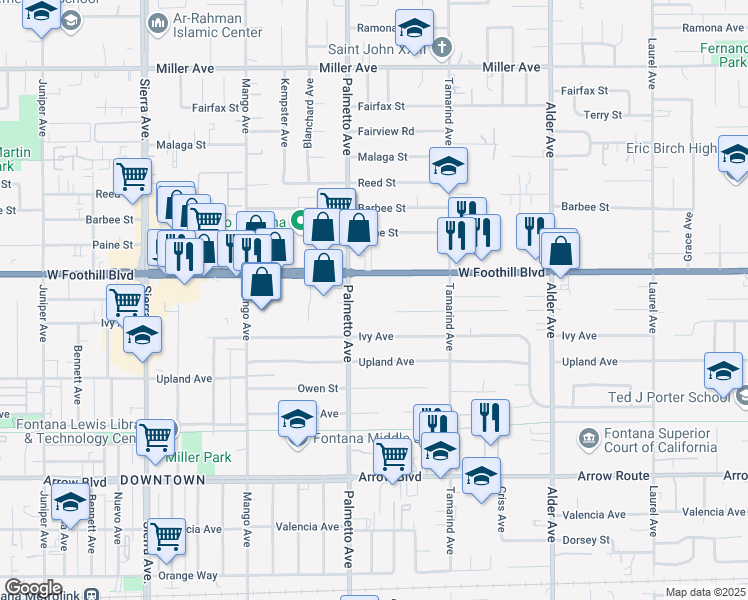 map of restaurants, bars, coffee shops, grocery stores, and more near 8187 Palmetto Avenue in Fontana