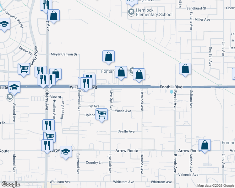map of restaurants, bars, coffee shops, grocery stores, and more near 14971 Foothill Boulevard in Fontana