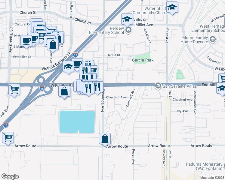 map of restaurants, bars, coffee shops, grocery stores, and more near 12939 West Historic Route 66 in Rancho Cucamonga