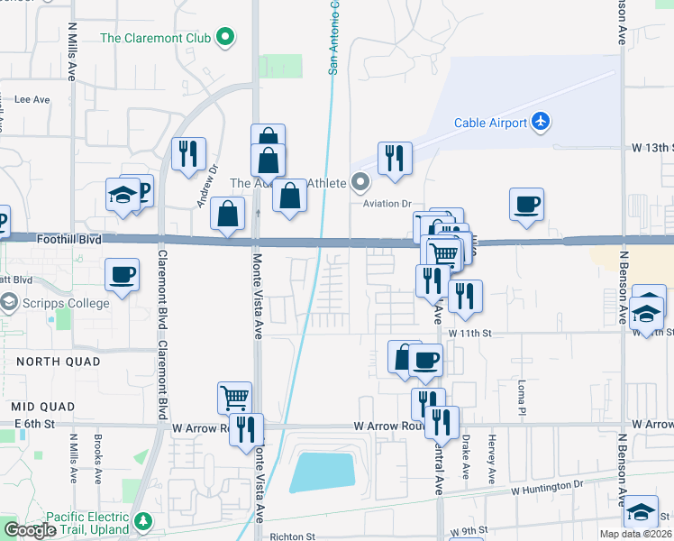 map of restaurants, bars, coffee shops, grocery stores, and more near 2248 Peach Court in Upland