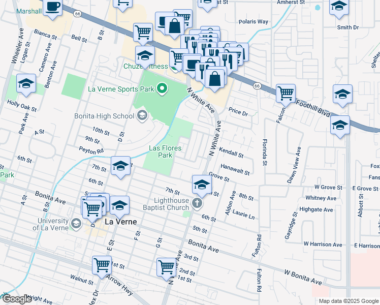 map of restaurants, bars, coffee shops, grocery stores, and more near 2962 Winfield Avenue in La Verne