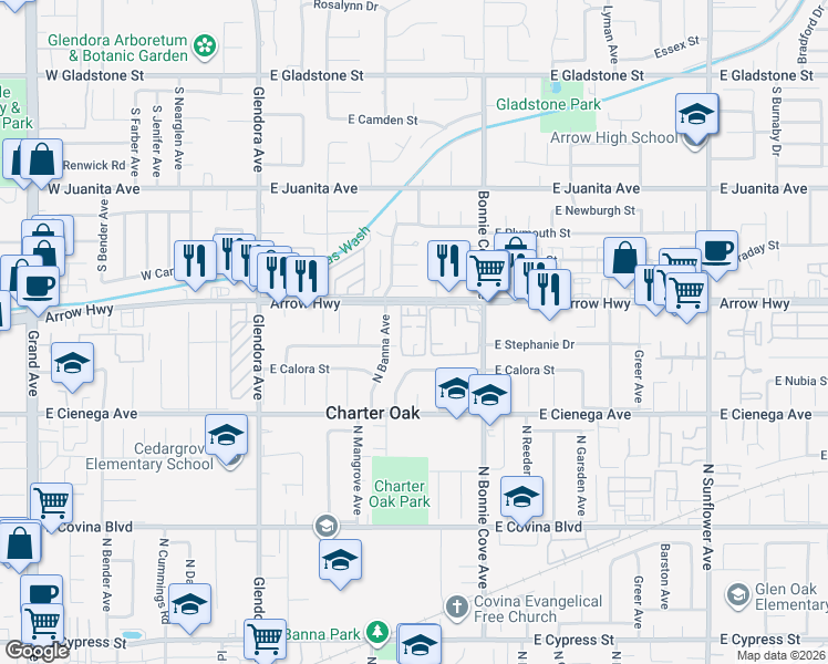 map of restaurants, bars, coffee shops, grocery stores, and more near 20284 East Arrow Highway in Glendora