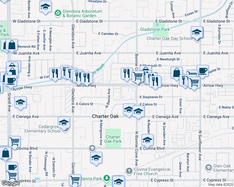 map of restaurants, bars, coffee shops, grocery stores, and more near 20240 East Arrow Highway in Covina