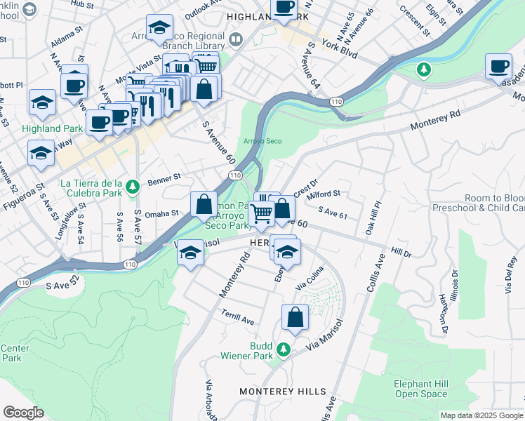 map of restaurants, bars, coffee shops, grocery stores, and more near 5929 Monterey Road in Los Angeles