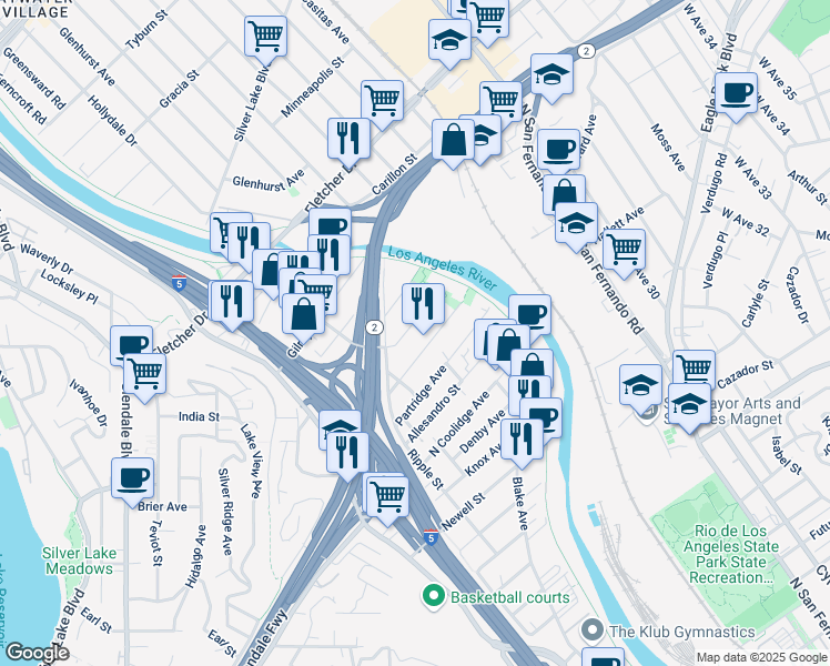 map of restaurants, bars, coffee shops, grocery stores, and more near 2846 Rosanna Street in Los Angeles
