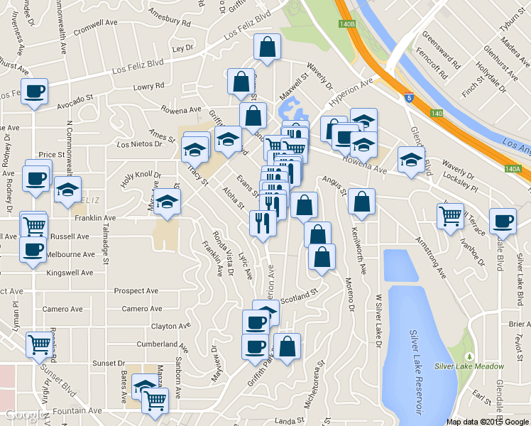 map of restaurants, bars, coffee shops, grocery stores, and more near 2624 Claremont Avenue in Los Angeles