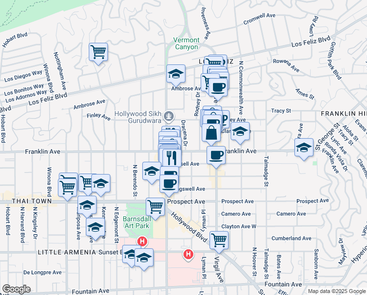 map of restaurants, bars, coffee shops, grocery stores, and more near 1900 Dracena Drive in Los Angeles
