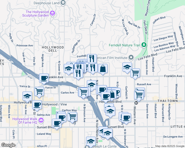 map of restaurants, bars, coffee shops, grocery stores, and more near 5833 Franklin Avenue in Los Angeles