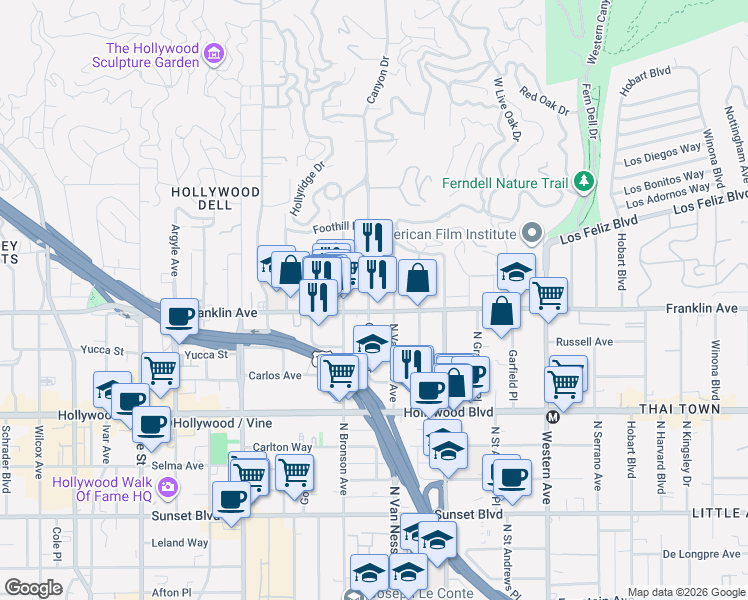 map of restaurants, bars, coffee shops, grocery stores, and more near 1915 Canyon Drive in Los Angeles