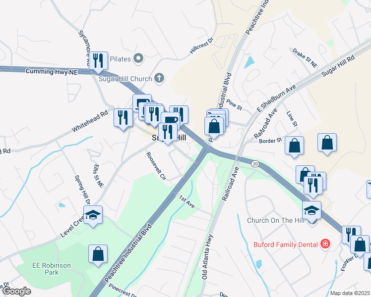 map of restaurants, bars, coffee shops, grocery stores, and more near 4938 1st Avenue in Buford
