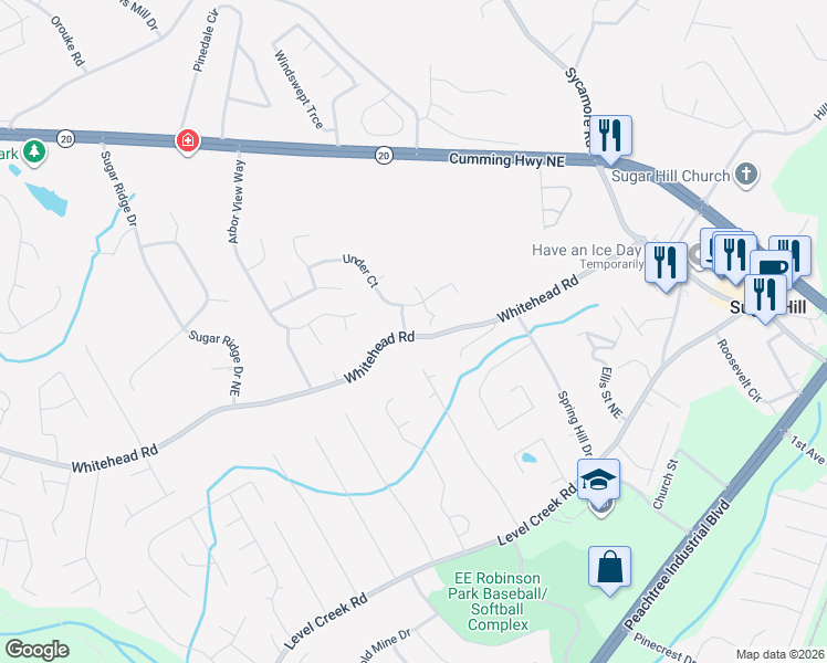 map of restaurants, bars, coffee shops, grocery stores, and more near 5202 Balin Lane in Sugar Hill