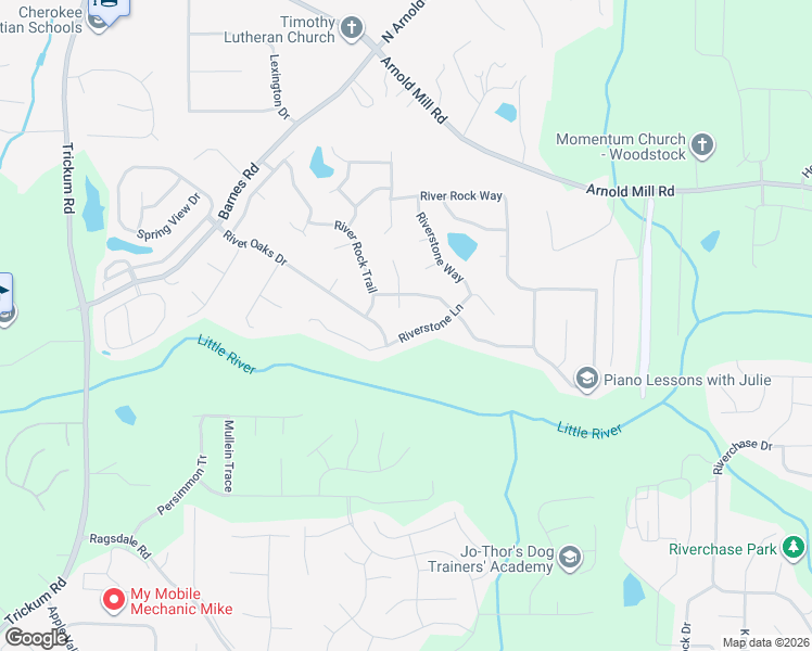 map of restaurants, bars, coffee shops, grocery stores, and more near 829 Riverstone Lane in Woodstock